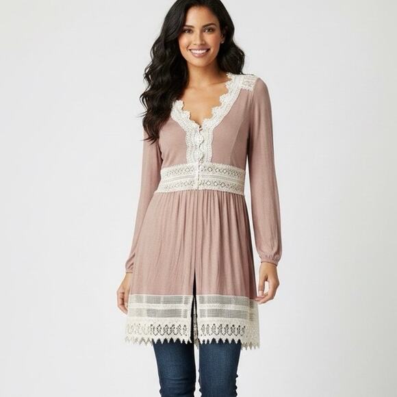 NWT Ryu Tunic Top Womens L Mauve Lace Trim Crochet Boho Peasant Cottagecore - Picture 1 of 7